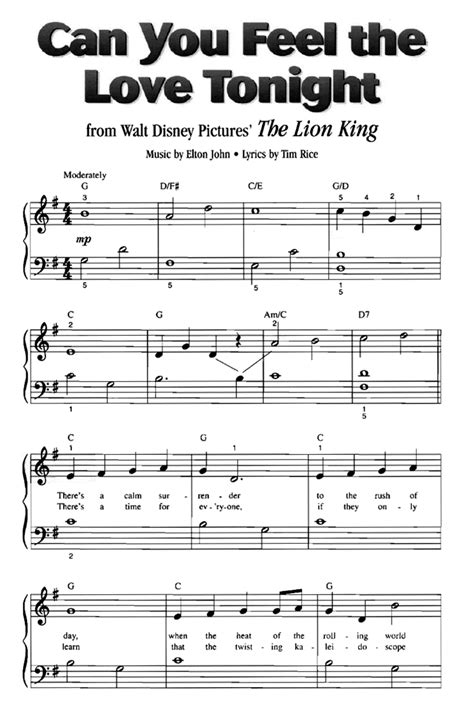 Easy clarinet sheet music eine kleine nachtmusik for clarinet solo by wolfgang amadeus mozart the entertainer for clarinet solo by scott joplin für elise for. CAN YOU FEEL THE LOVE TONIGHT The Lion King Piano Sheet music - Guitar chords - Walt Disney ...