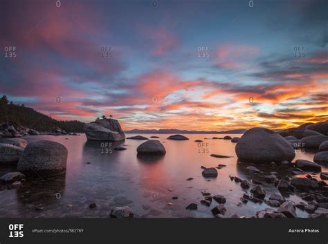 Brillant Colors At Sunset Over Lake Tahoes East Shore Stock Photo