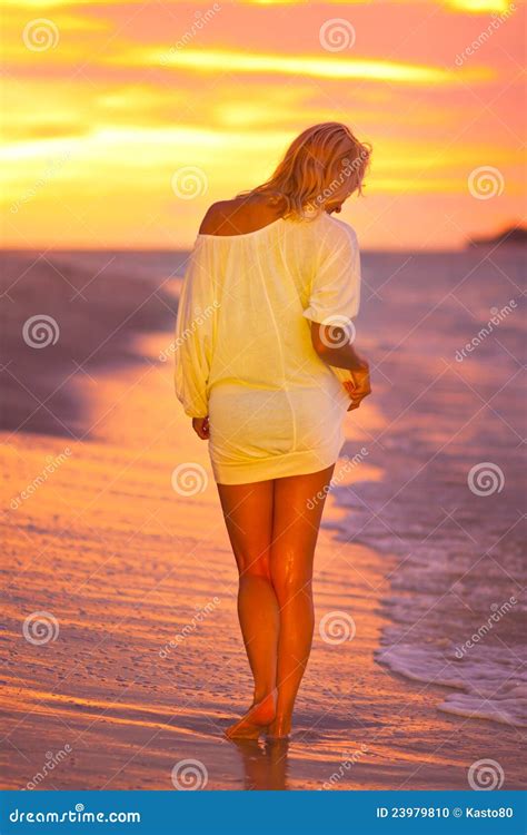 Attractive Lady At The Tropical Beach In Sunset Stock Photo Image Of