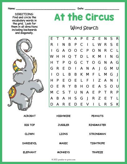 Circus Crossword Puzzle Printables Printable Word Searches