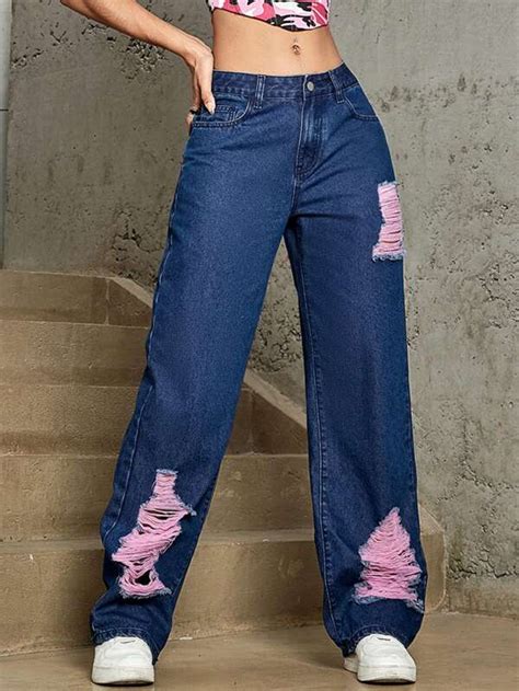 Y K Pink Colorblock Slant Pocket Ripped Wide Leg Jeans Shein Usa