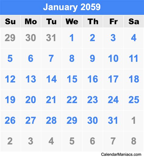 January 2059 Calendar