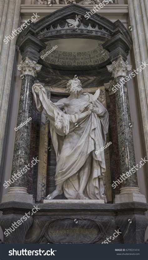 Statue of saint bartholomew, the martyred apostle holding his flayed skin and flaying knife in basilica of st. Statue Saint Bartholomew Martyred Apostle Holding Stock ...