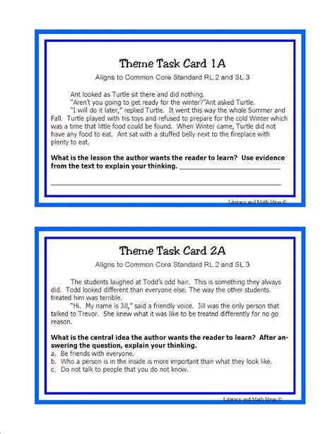 Literacy And Math Ideas Task Cards To Teach Students The Theme Of A Text