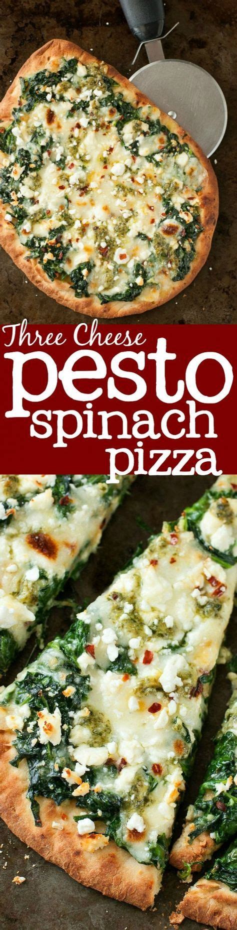 Spread pesto sauce over the crust. Three Cheese Pesto Spinach Flatbread Pizza Recipe - Peas ...