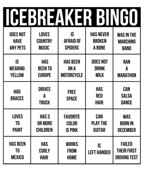 Other ideas include a basket of ingredients for a cooking class, microwavable popcorn for movie night or party hats and poppers for a birthday party. Ice breaker Bingo - perfect for a team building activity ...