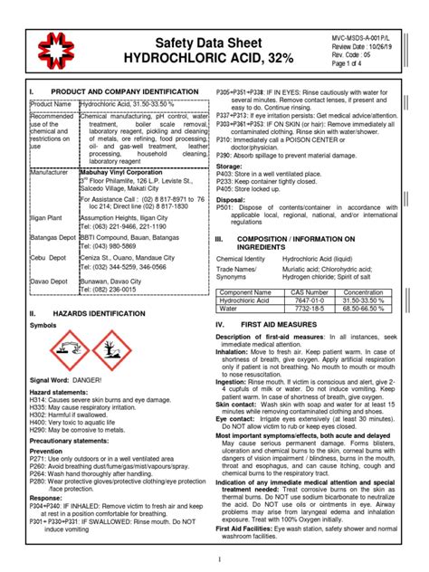 Safety Data Sheet Hydrochloric Acid 32 I Product And Company