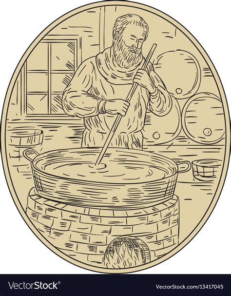 Medieval Monk Brewing Beer Oval Drawing Royalty Free Vector