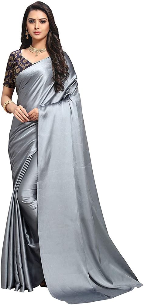 Buy Kashvi Sarees Womens Satin Silk Plain Grey Saree With Jacquard Un