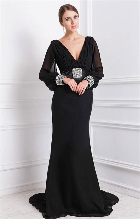 plus size long sleeve prom dresses v neck with beaded crystal sexy black long mermaid prom