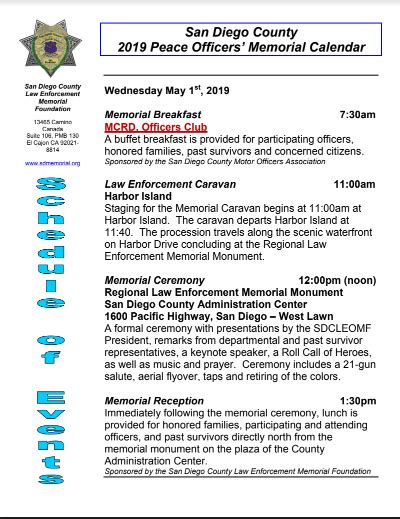 2019 Peace Officers Memorial Schedule Of Events San Diego County Law