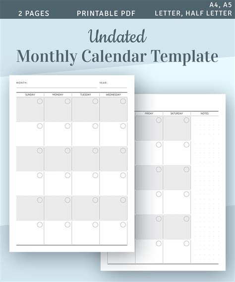 Undated Monthly Calendar Printable Template Monthly Planner Etsy