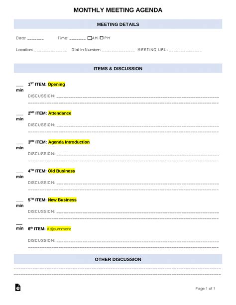 Free Monthly Meeting Agenda Template Sample Pdf Word Eforms
