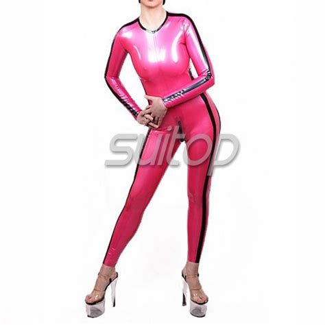 Female S Latex Catsuit With Back Zip In Metallic Pink Red