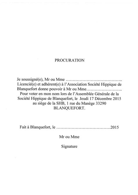 procuration  Société Hippique de Blanquefort