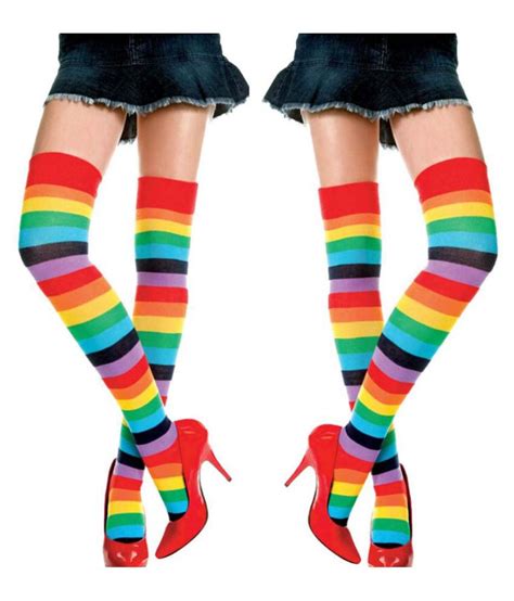 Women Over Knee Socks Rainbow Striped High Thigh Long Stripey Stocking