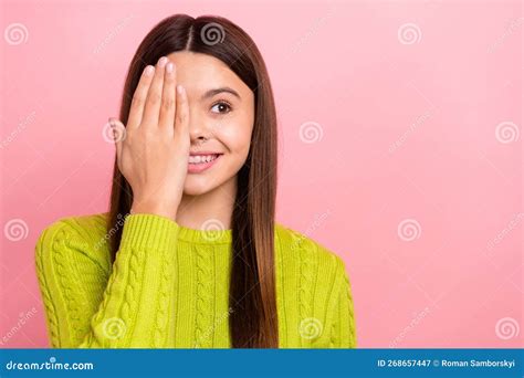 Photo Portrait Of Cute Young Girl Hiding Half Face Look Empty Space Dressed Stylish Green