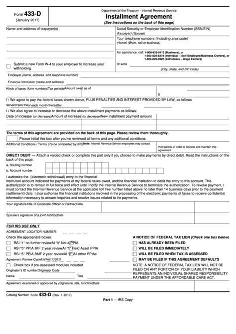 Someone other than the buyer might use it to put the private number on another. Fillable Form 433-D - Installment Agreement printable pdf ...
