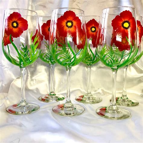 Pretty Red Poppies Hand Painted Wine Glasses Etsy Uk