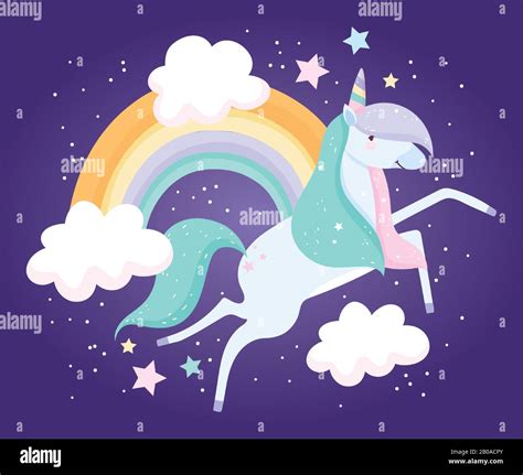 Unicorn Rainbow Clouds Fantasy Magic Cute Cartoon Vector Illustration