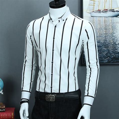 Mens Contrast Blackwhite Wide Striped Dress Shirts Comfortable Cotton