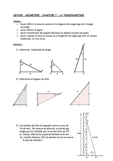 Devoir 15 Trigonometrie Devoir Geometrie Chapitre 7 La Trigonometrie Théorie Savoir