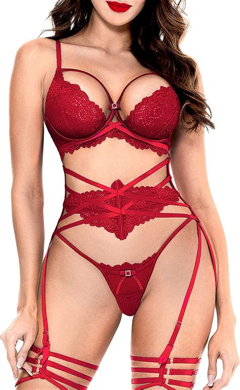 Women Lace Lingerie Setlace Bra And Panty With Girdled 3 Pieces Set