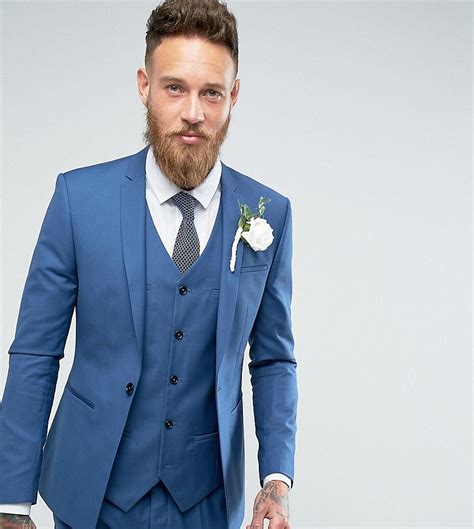 Noak Super Skinny Wedding Suit Jacket With Square Hem In Blue Blue