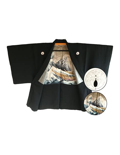 men s vintage haori kimono black silk dakimyoga montsuki fuji san japanese wave nami hokusai