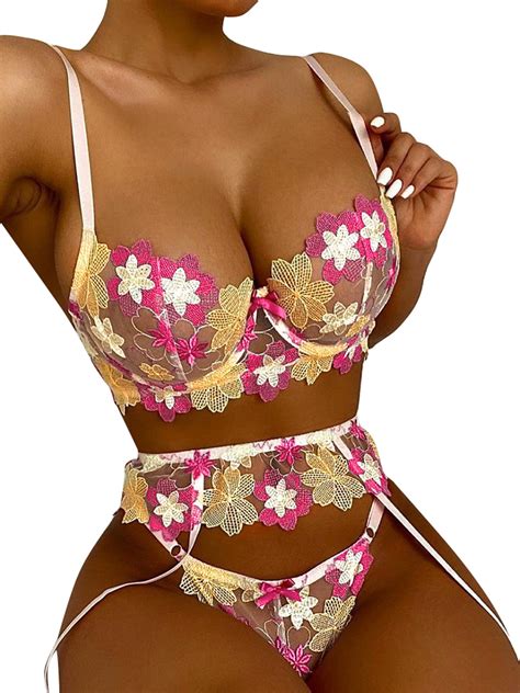 Dymade Women Sexy Floral Perspective Lace Bra Two Piece Lingerie Set