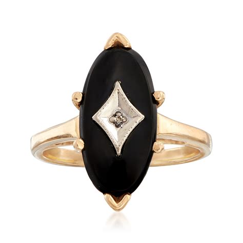 C 1970 Vintage Oval Black Onyx Ring With Diamond Accent In 14kt Yellow