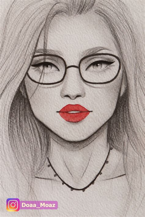 Pencil Portrait Drawing Quick Girl Sketch With Glasses And Bold Red