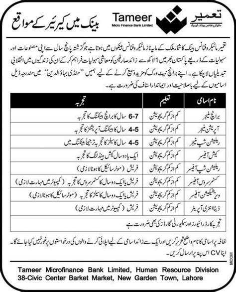 Male bank branch manager employees in pakistan earn 10% more than their female counterparts on average. Tameer Bank Jobs Opportunity in Mandi Bahauddin, Express ...