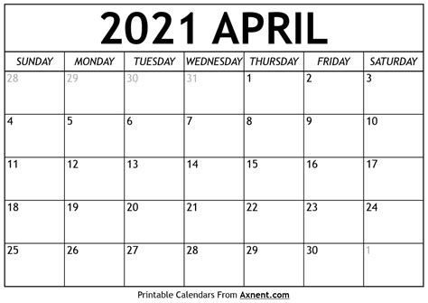 April 2021 holidays and celebrations. Printable April 2021 Calendar Template - Print Now