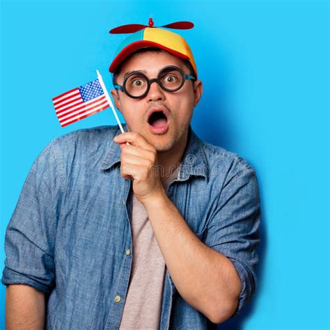 Nerd Man With Noob Hat Holding An American Flag Stock Image Image Of