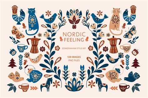 The Nordic Feeling Poster Features Cats And Birds In Blue Brown
