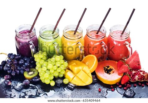 Fresh Color Juices Smoothie Tropical Fruits Stock Photo 635409464