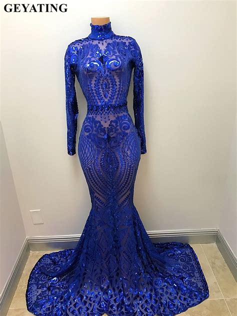 Bling Silver Sequin Long Sleeve Mermaid Royal Blue Prom Dresses Vestido De Gala Long