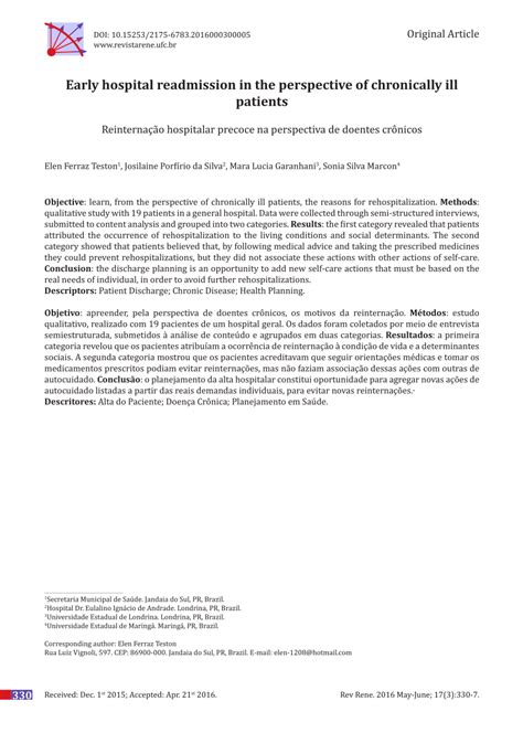 pdf early hospital readmission in the perspective of chronically ill patients