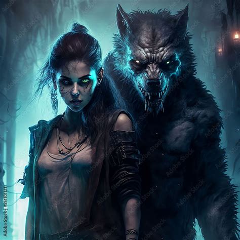 Ilustrace „werewolf And A Woman In Magical Forest Digital Art“ Ze Služby Stock Adobe Stock