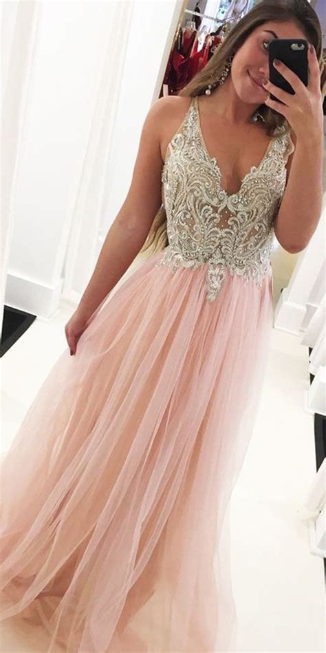 Pink Tulle A-line V-neck Beaded Long Prom Dresses with Appliques, MP476 ...