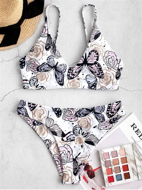 [29 off] 2021 zaful butterfly flower print high cut bikini swimsuit in white zaful