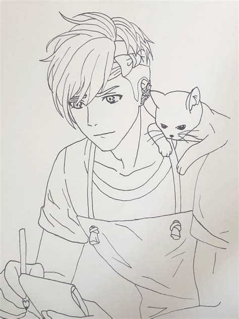 Handsome Anime Guy With Cat Coloring Page Etsy
