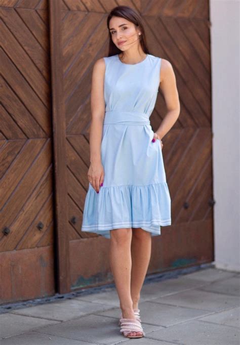 Light Blue Cotton Dress In A Knee Length Elegant Summer Tunic Etsy