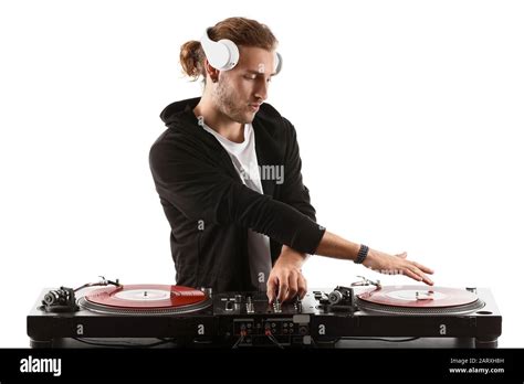 Male Dj Playing Music On White Background Stock Photo Alamy