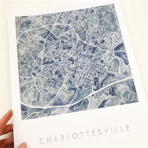 Charlottesville Map Watercolor Print Virginia City Block Plan Etsy