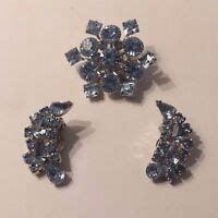 Vintage Ice Blue Rhinestone AB Enamel Floral Brooch Clip On Earring