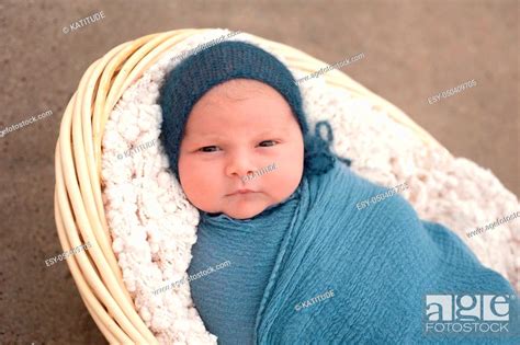 An Alert Three Week Old Newborn Baby Boy Swaddled In A Blue Wrap And