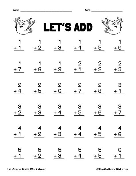 Lets Add 1st Grade Math Worksheet Catholic Dove Themed First Grade