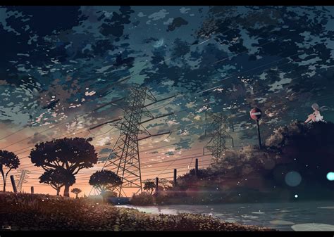 Anime scenery horizon shooting star sunset 4k 3840x2160 wallpaper 15. anime, Clouds, Trees, Lake, Sunset Wallpapers HD / Desktop ...